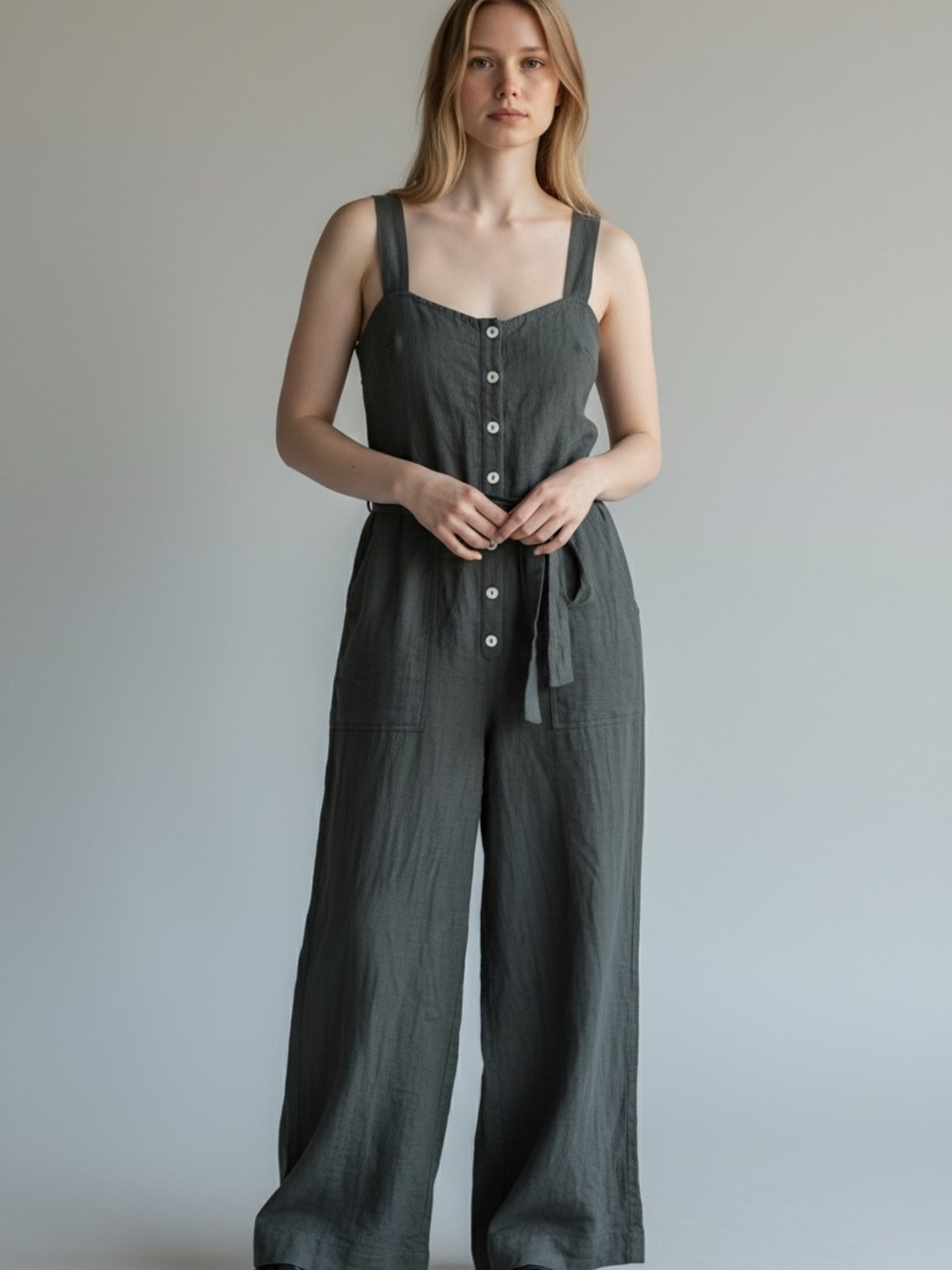 Zara Dark Green Button-Front Wide-Leg Jumpsuit